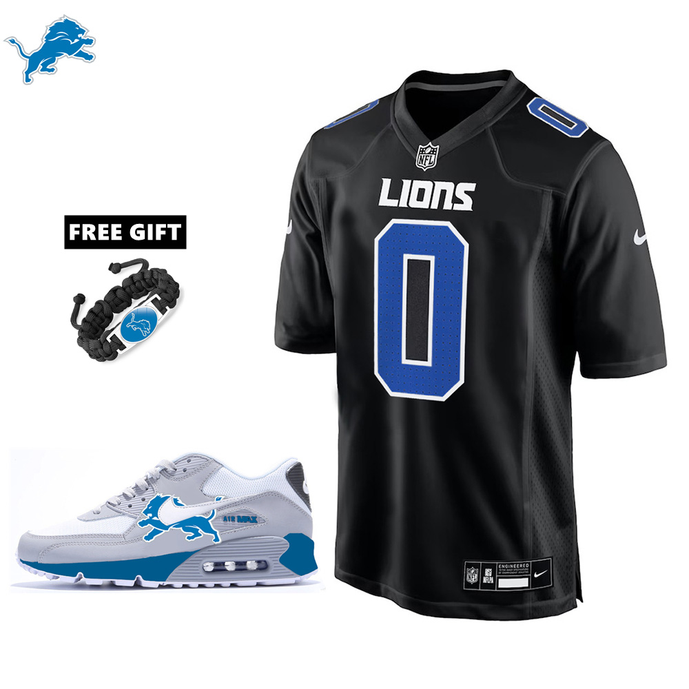 🔥Combo Sale - Detroit Lions Jahmyr Gibbs Nike Carbon Black Carbon Fashion Game Jersey & Air Max 90 Classic Sneakers