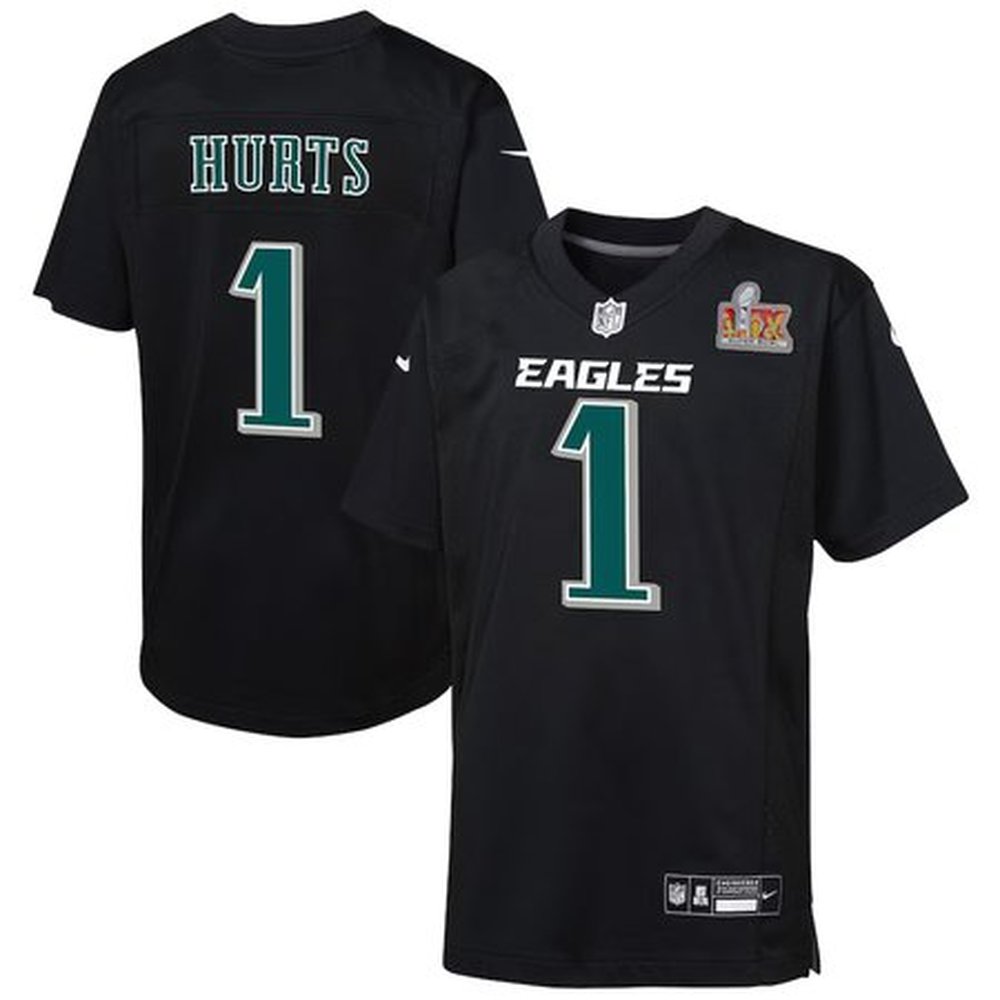 Youth Philadelphia Eagles #1 Jalen HurtsCarbon Black Super Bowl LIX Patch Fashion Game Player Jersey