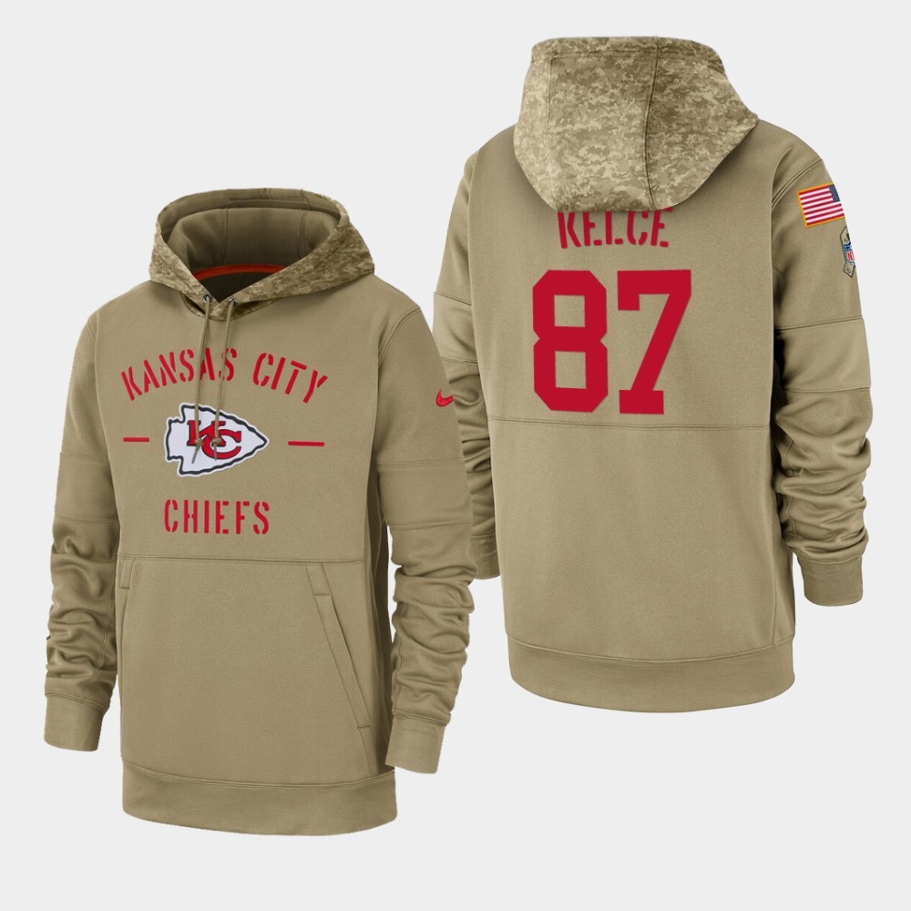 Men's Kansas City Chiefs #87 Travis KelceTan 2019 Salute to Service Sideline Therma Pullover Hoodie
