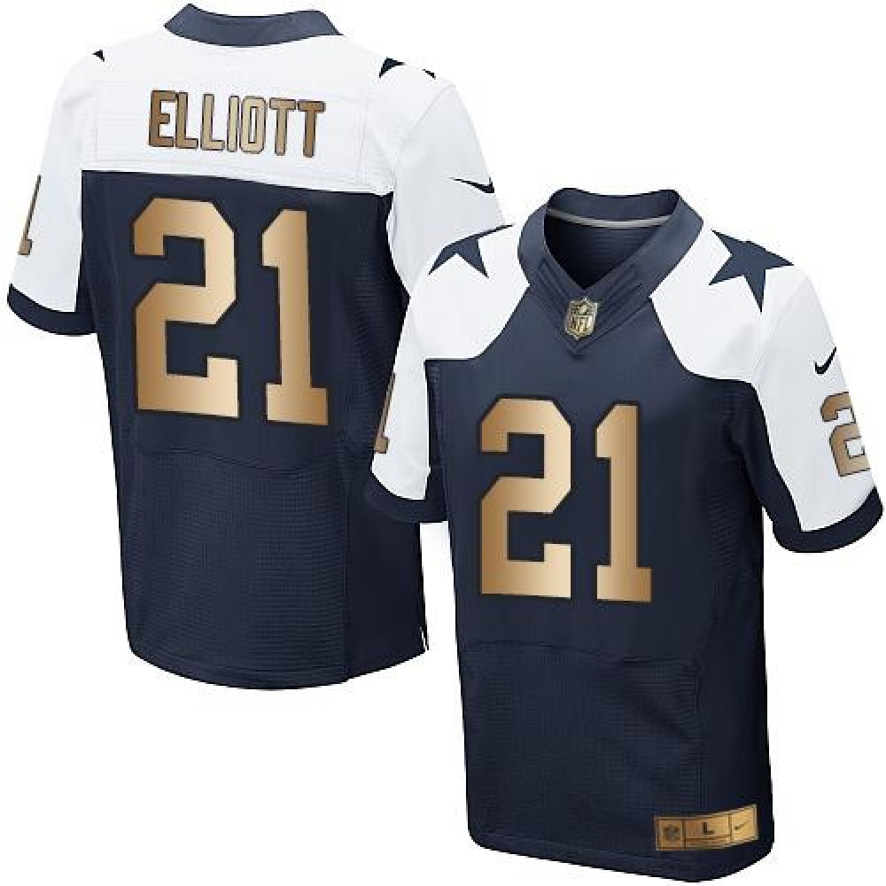 Cowboys #21 Ezekiel Elliott Navy Blue Thanksgiving Throwback Men's Stitched NFL Elite Gold Jersey