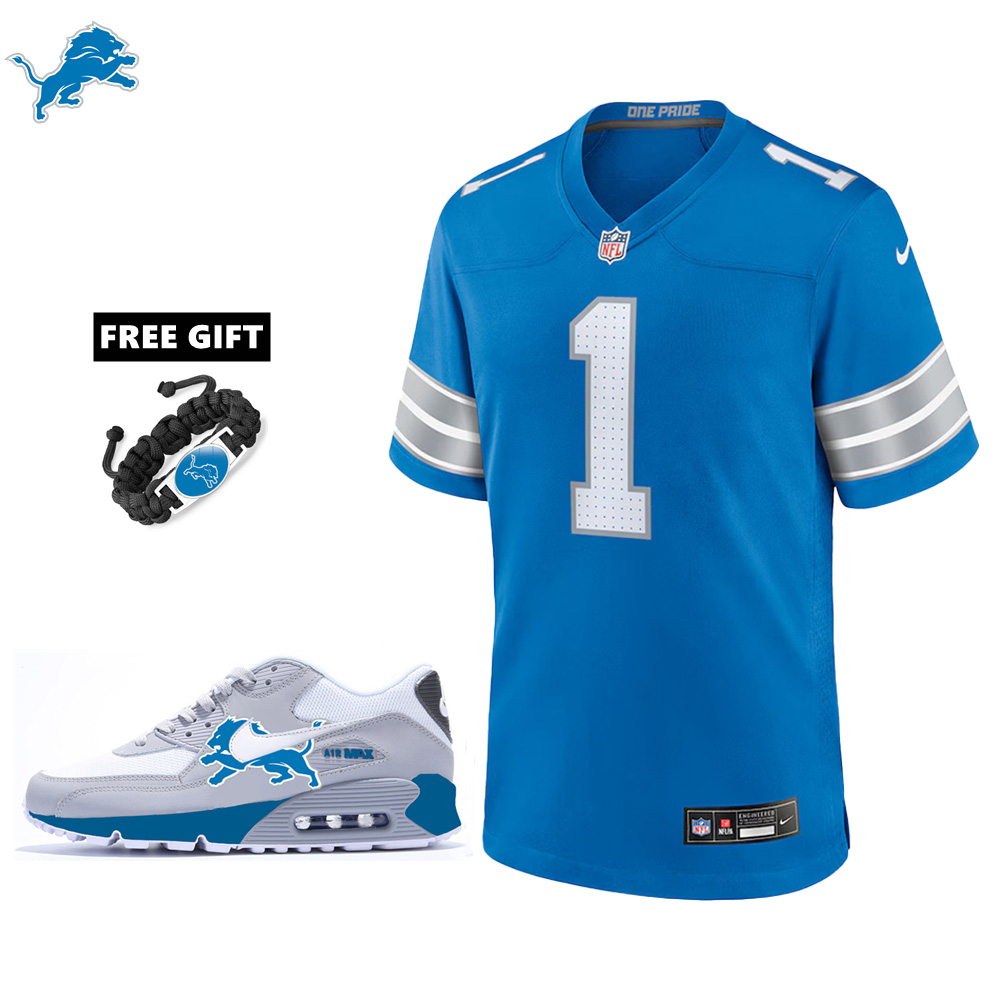 🔥Combo Sale - Detroit Lions Jameson Williams Nike Blue Game Jersey & Air Max 90 Classic Sneakers
