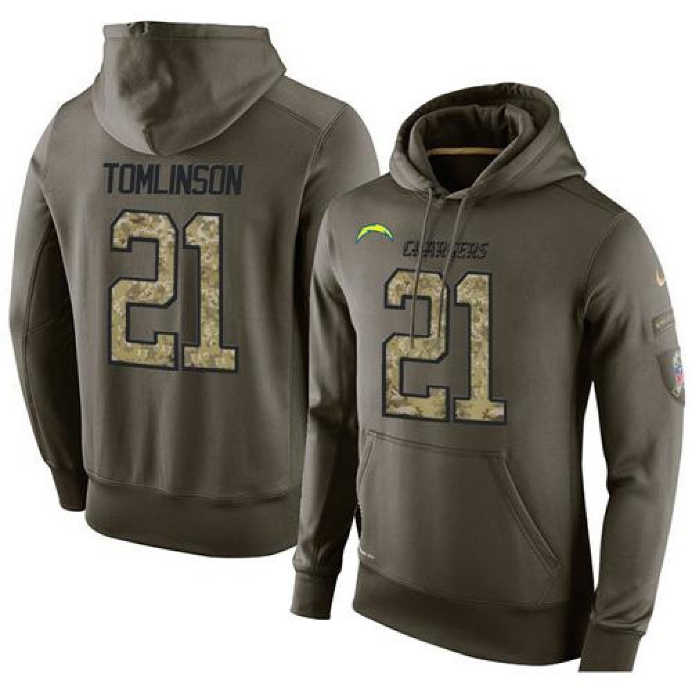 NFL Men'sSan Diego Chargers #21 LaDainian Tomlinson Stitched Green Olive Salute To Service KO Performance Hoodie