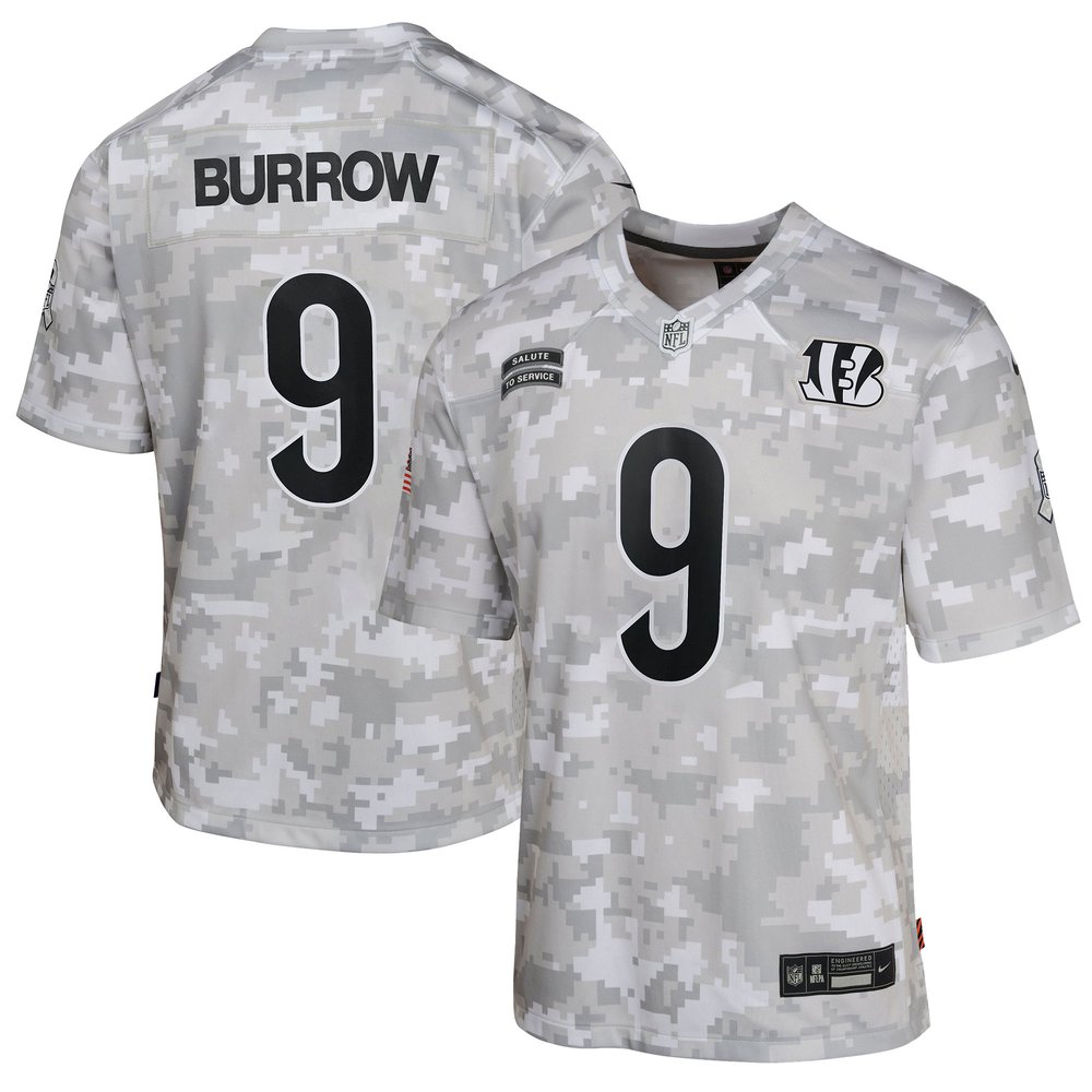 Youth Cincinnati Bengals Joe BurrowArctic Camo 2024 Salute to Service Game Jersey