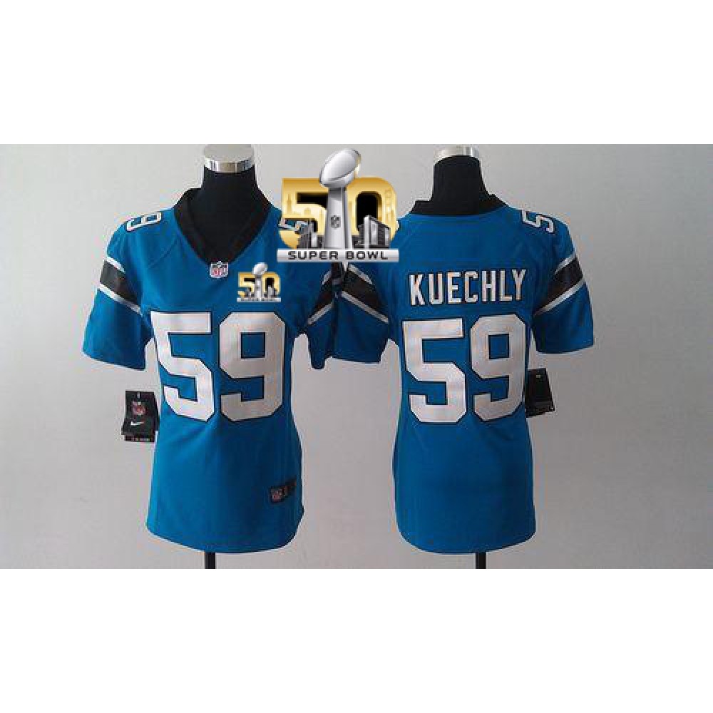 Panthers #59 Luke Kuechly Blue Alternate Super Bowl 50 Women's Stitched NFL Elite Jersey