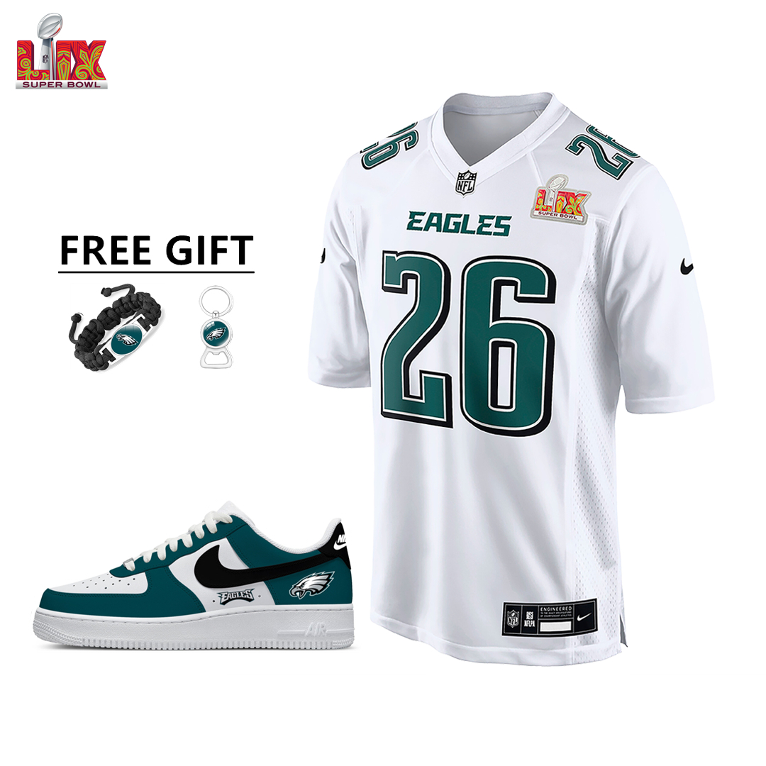 🔥Combo Sale - Philadelphia Eagles Saquon Barkley Nike Tundra White Super Bowl LIX Game Jersey & Air Force 1 Low Team Sneakers