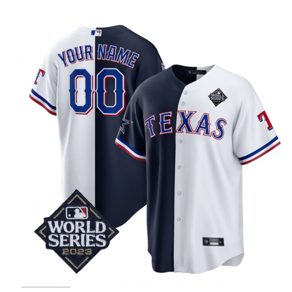 Men's Dallas Cowboys & Texas Rangers Active Player Custom Navy/White Splite 2023 World Series Splite Stitched BaseballJersey