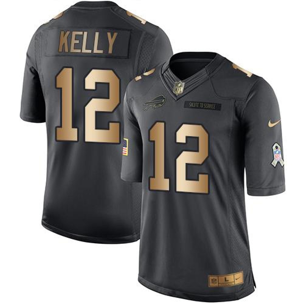 Bills #12 Jim Kelly Black Men's Stitched NFL Limited Gold Salute To Service Jersey