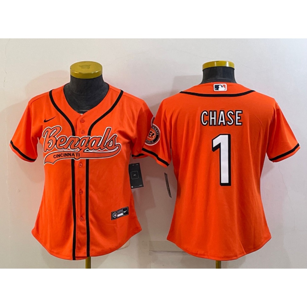 Youth Cincinnati Bengals #1 Ja'Marr Chase Orange With Patch Cool Base Stitched Baseball Jersey