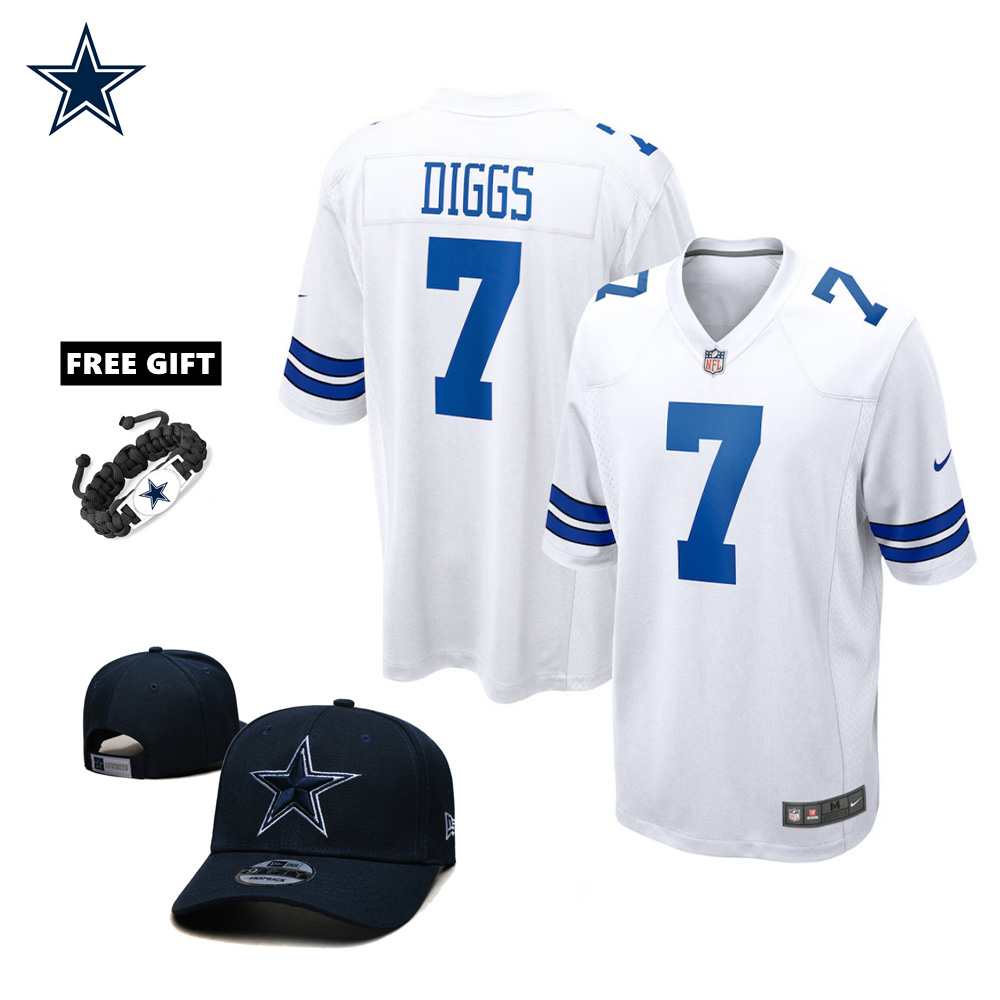 🔥Combo Sale - Dallas Cowboys Trevon Diggs Nike White Game Jersey & New Era Navy Main 9FIFTY Adjustable Hat