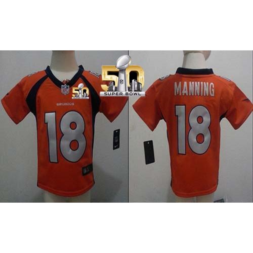 ToddlerBroncos #18 Peyton Manning Orange Team Color Super Bowl 50 Stitched NFL Elite Jersey