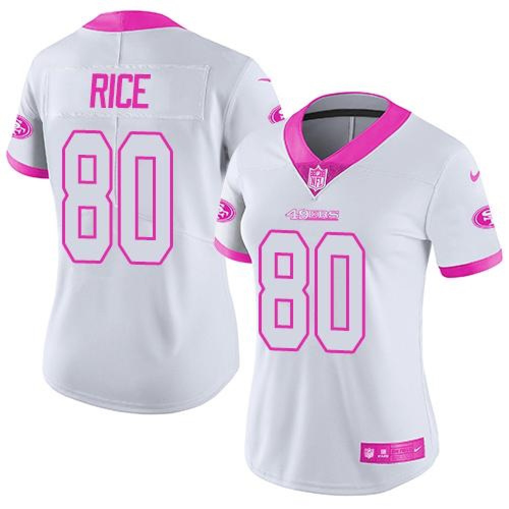 49ers #80 Jerry Rice White/Pink Women's Stitched NFL Limited Rush Fashion Jersey