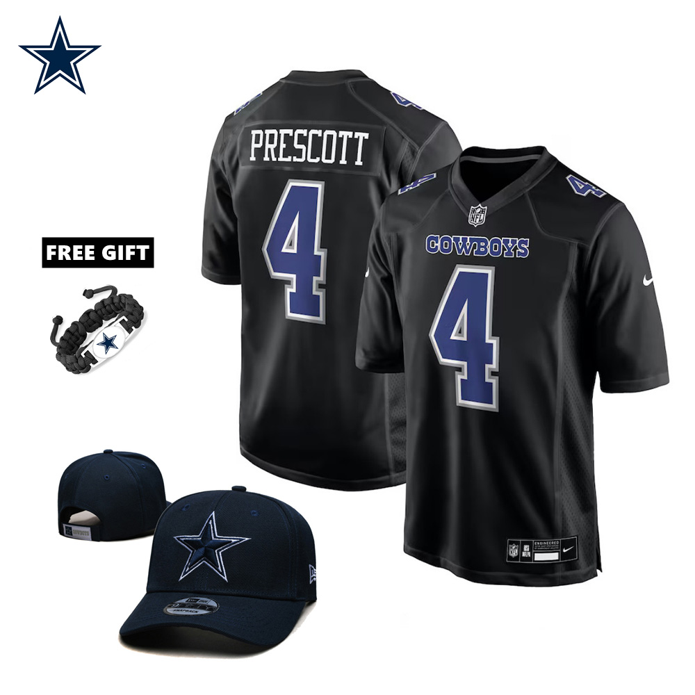 🔥Combo Sale - Dallas Cowboys Dak Prescott Nike Carbon Black Fashion Game Jersey & New Era Navy Main 9FIFTY Adjustable Hat