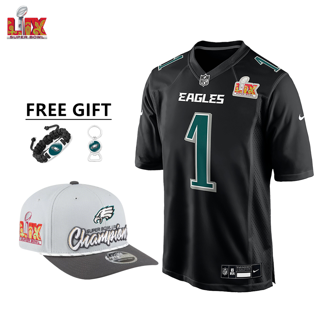 🔥Champ Combo Sale - Philadelphia Eagles Jalen Hurts Nike Carbon Black Super Bowl LIX Game Jersey & New Era Gray/Charcoal Super Bowl LIX Champions Adjustable Hat