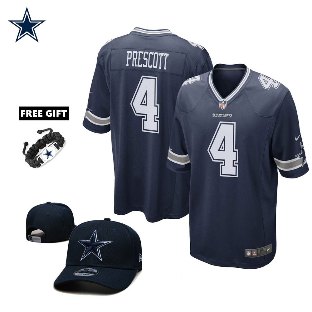 🔥Combo Sale - Dallas Cowboys Dak Prescott Nike Navy Game Jersey & New Era Navy Main 9FIFTY Adjustable Hat