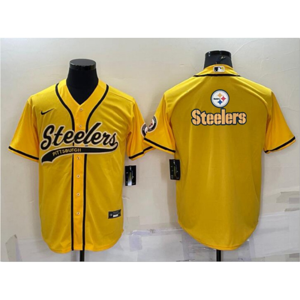 Men's Pittsburgh Steelers Yellow Team Big Logo With Patch Cool Base Stitched Baseball Jersey