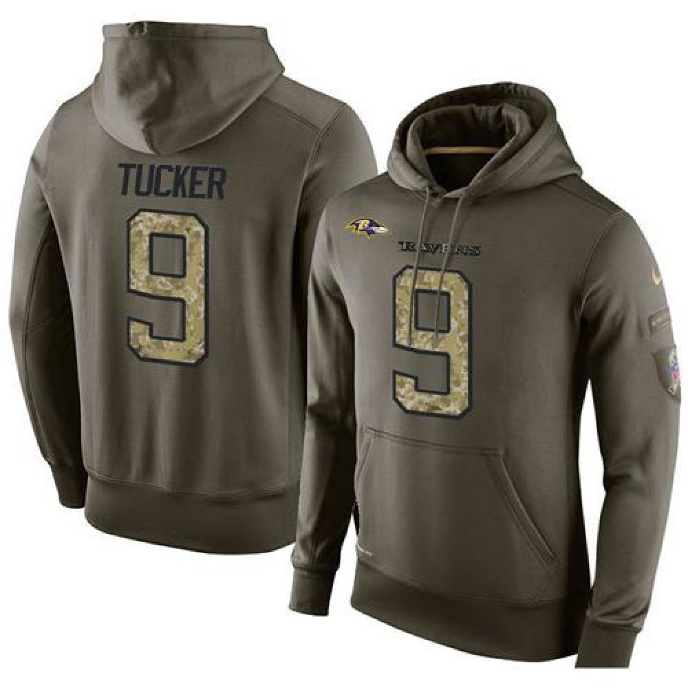 NFL Men'sBaltimore Ravens #9 Justin Tucker Stitched Green Olive Salute To Service KO Performance Hoodie