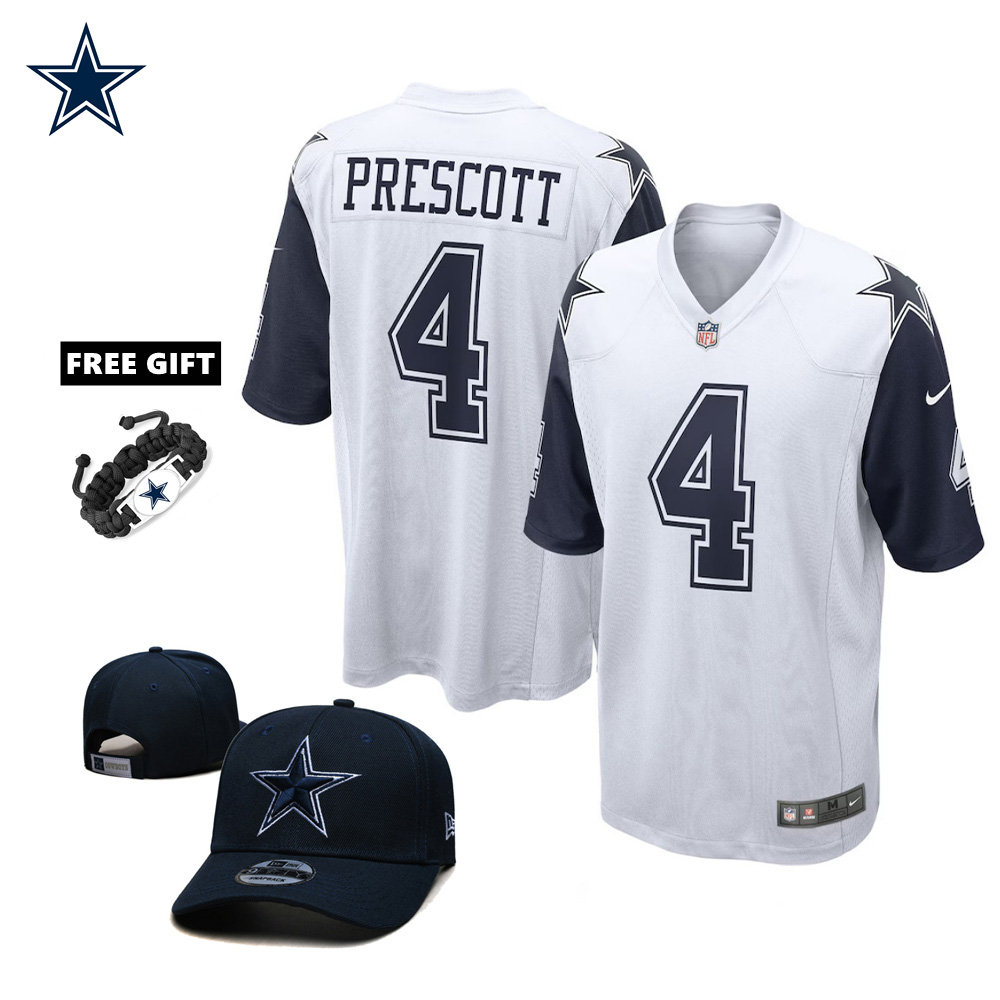 🔥Combo Sale - Dallas Cowboys Dak Prescott Nike White Alternate Game Jersey & New Era Navy Main 9FIFTY Adjustable Hat