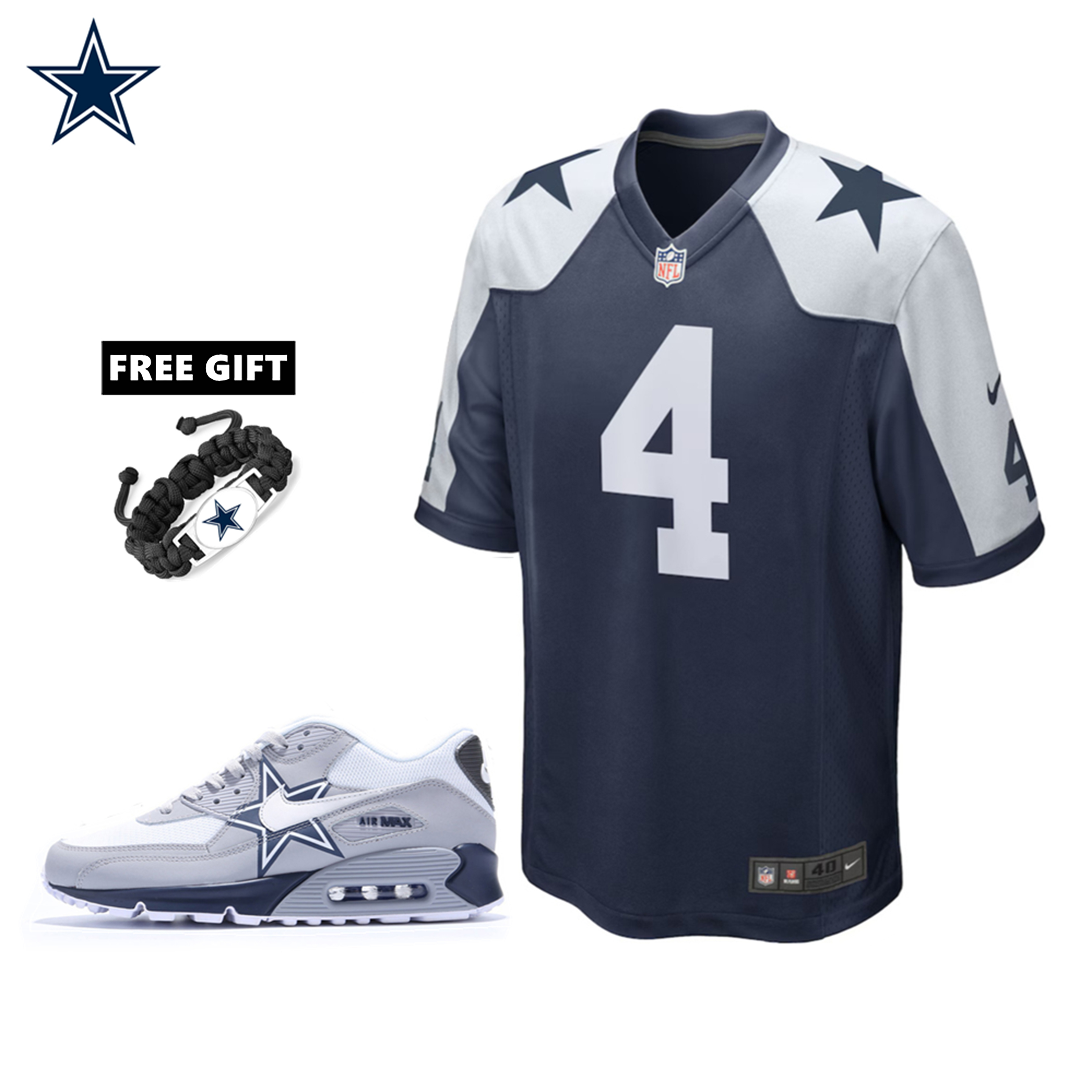 🔥Combo Sale - Dallas Cowboys Dak Prescott Nike Navy Alternate Game Jersey & Air Max 90 Classic Sneakers