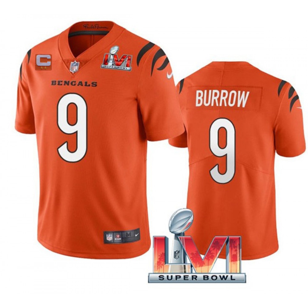 Men's Cincinnati Bengals #9 Joe Burrow 2022 Orange With C Patch Super Bowl LVI Vapor Limited Stitched Jersey