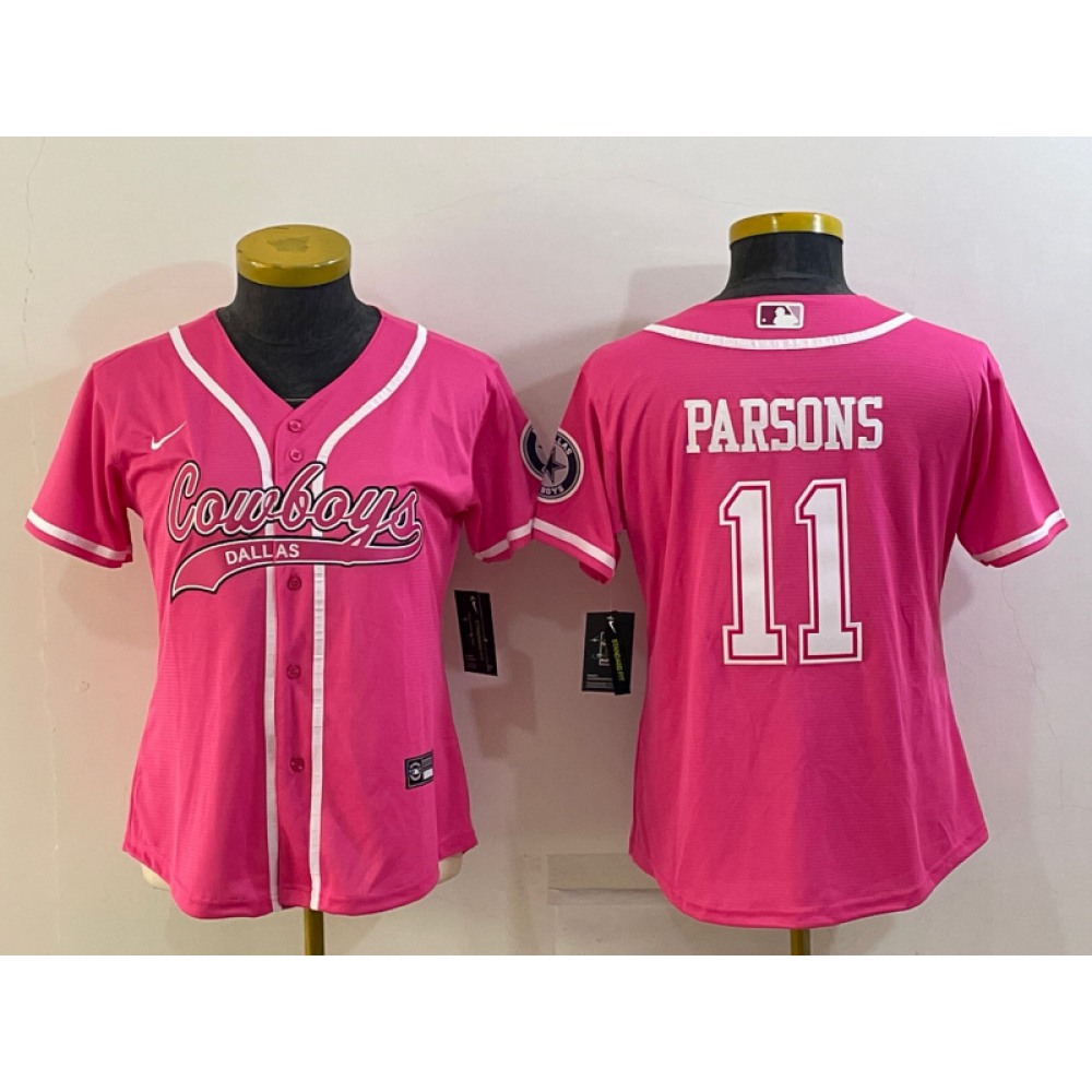Women's Dallas Cowboys #11 Micah Parsons Pink With Patch Cool Base Stitched Baseball Jersey(Run Small)