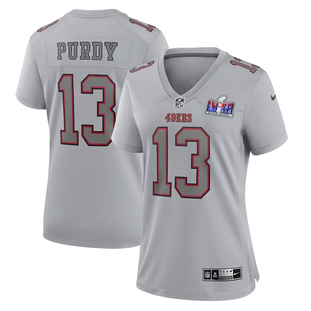 Women's San Francisco 49ers #13 Brock PurdyGray Super Bowl LVIII Atmosphere Fashion Game Jersey
