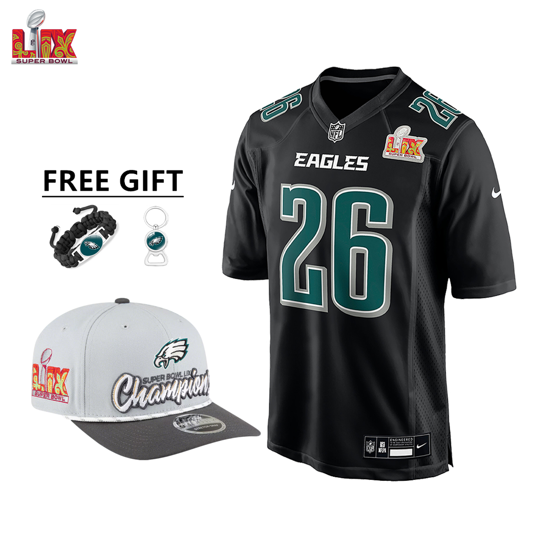 🔥Champ Combo Sale - Philadelphia Eagles Saquon Barkley Nike Carbon Black Super Bowl LIX Game Jersey & New Era Gray/Charcoal Super Bowl LIX Champions Adjustable Hat