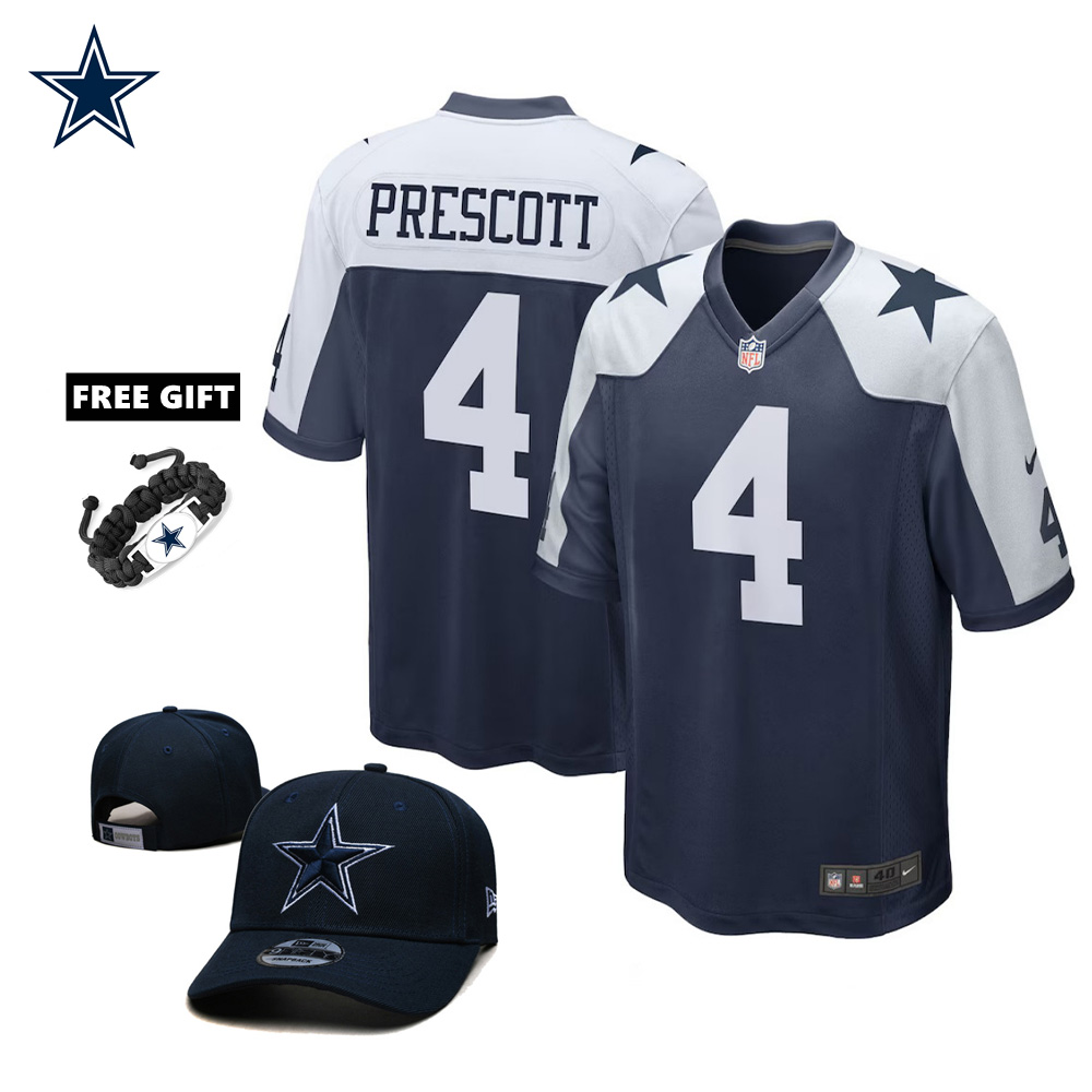 🔥Combo Sale - Dallas Cowboys Dak Prescott Nike Navy Alternate Game Jersey & New Era Navy Main 9FIFTY Adjustable Hat