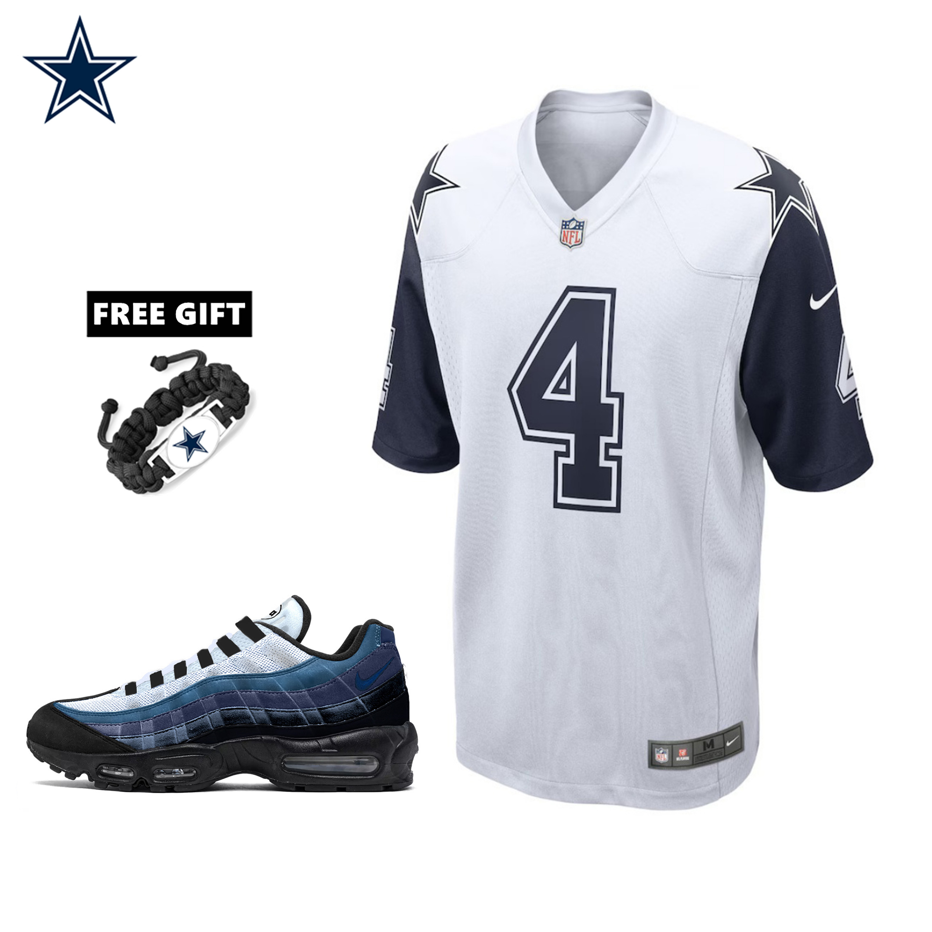 🔥Combo Sale - Dallas Cowboys Dak Prescott Nike White Alternate Game Jersey & Air Max 95 Team Color Sneakers