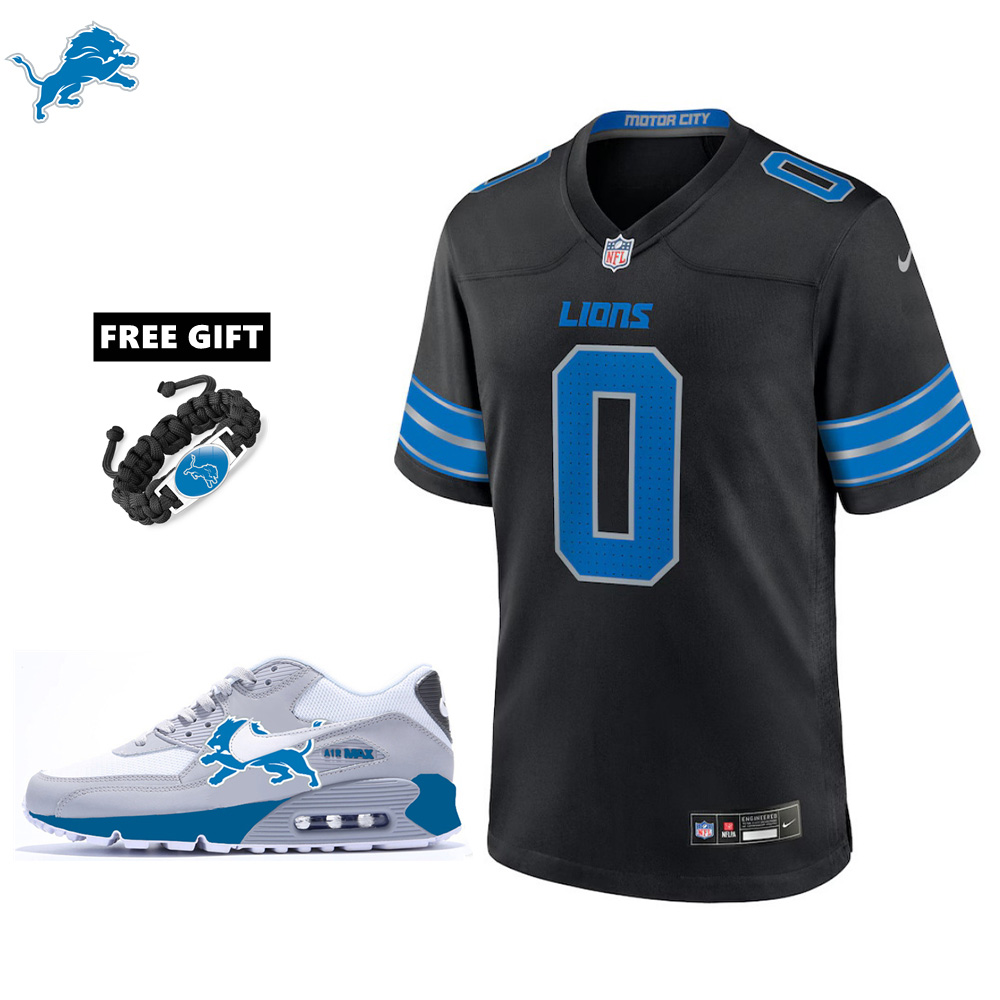 🔥Combo Sale - Detroit Lions Jahmyr Gibbs Nike Black 2nd Alternate Game Jersey & Air Max 90 Classic Sneakers