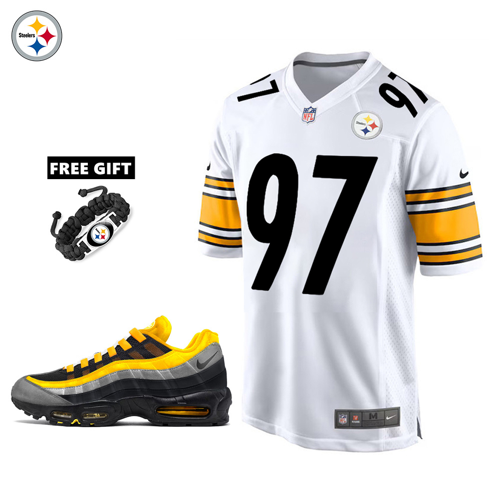 🔥Combo Sale - Pittsburgh Steelers Cameron Heyward Nike White Game Jersey & Air Max 95 Team Color Sneakers