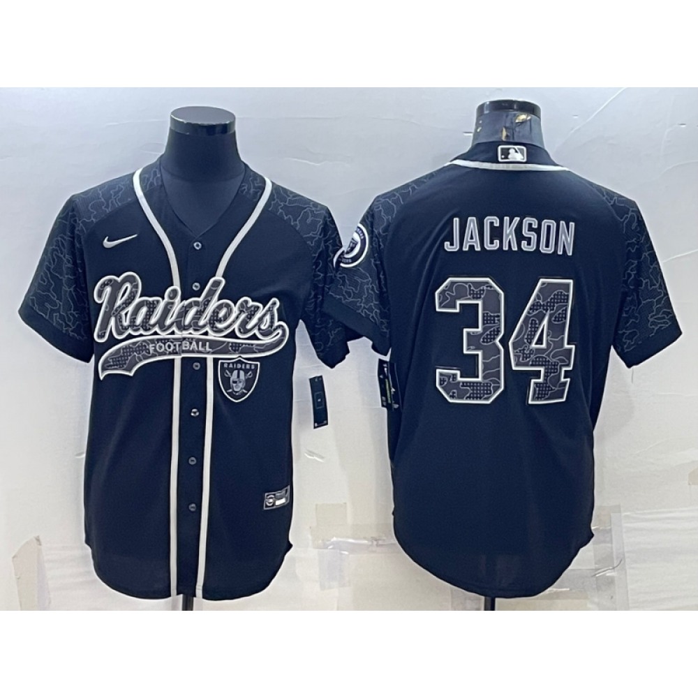 Men's Las Vegas Raiders #34 Bo Jackson Black Reflective With Patch Cool Base Stitched Baseball Jersey
