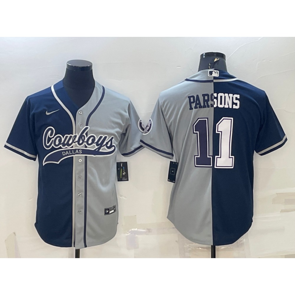 Men's Dallas Cowboys #11 Micah Parsons Navy/Grey Split With Patch Cool Base Stitched Baseball Jersey