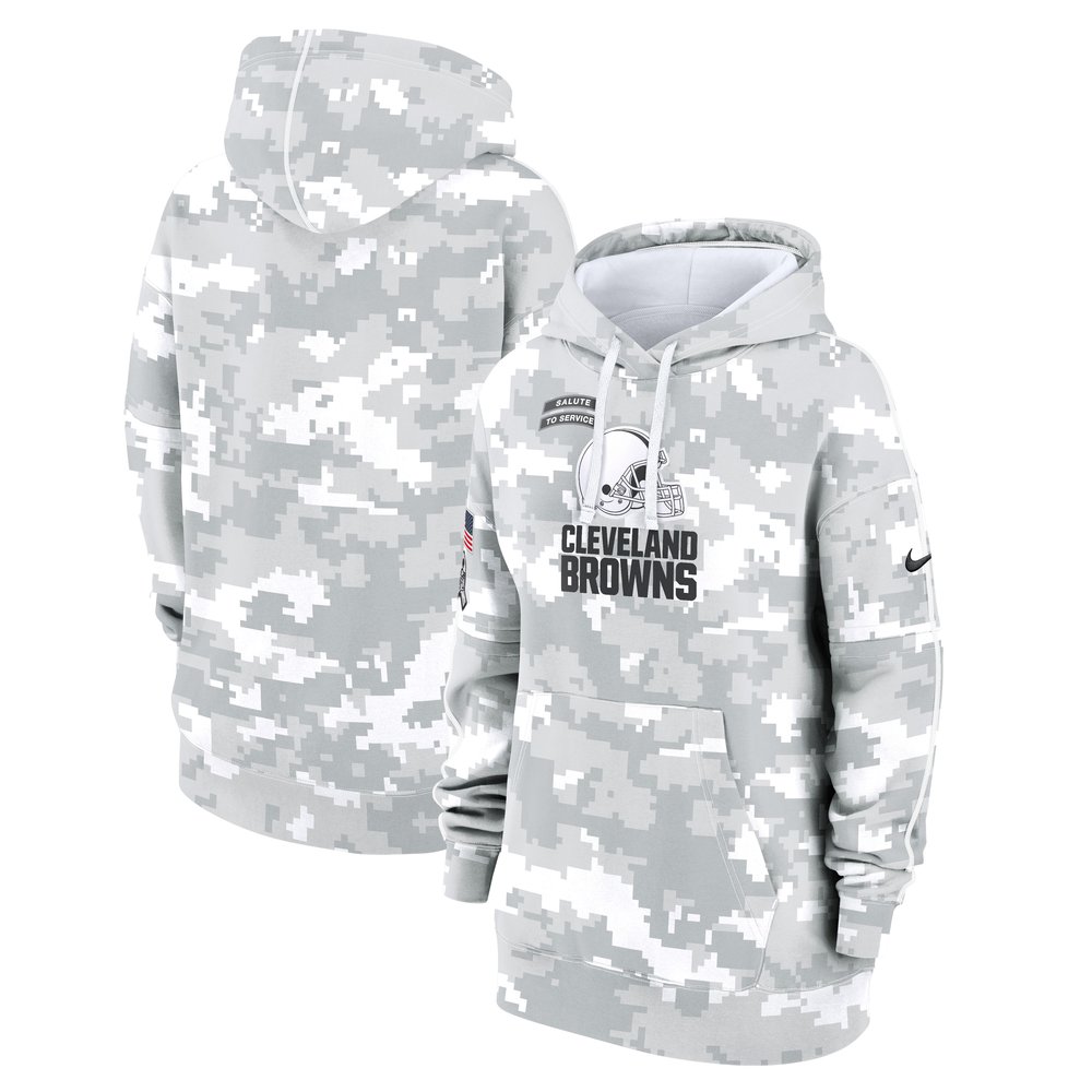 Women's Cleveland BrownsArctic Camo 2024 Salute To Service Club Fleece Pullover Hoodie