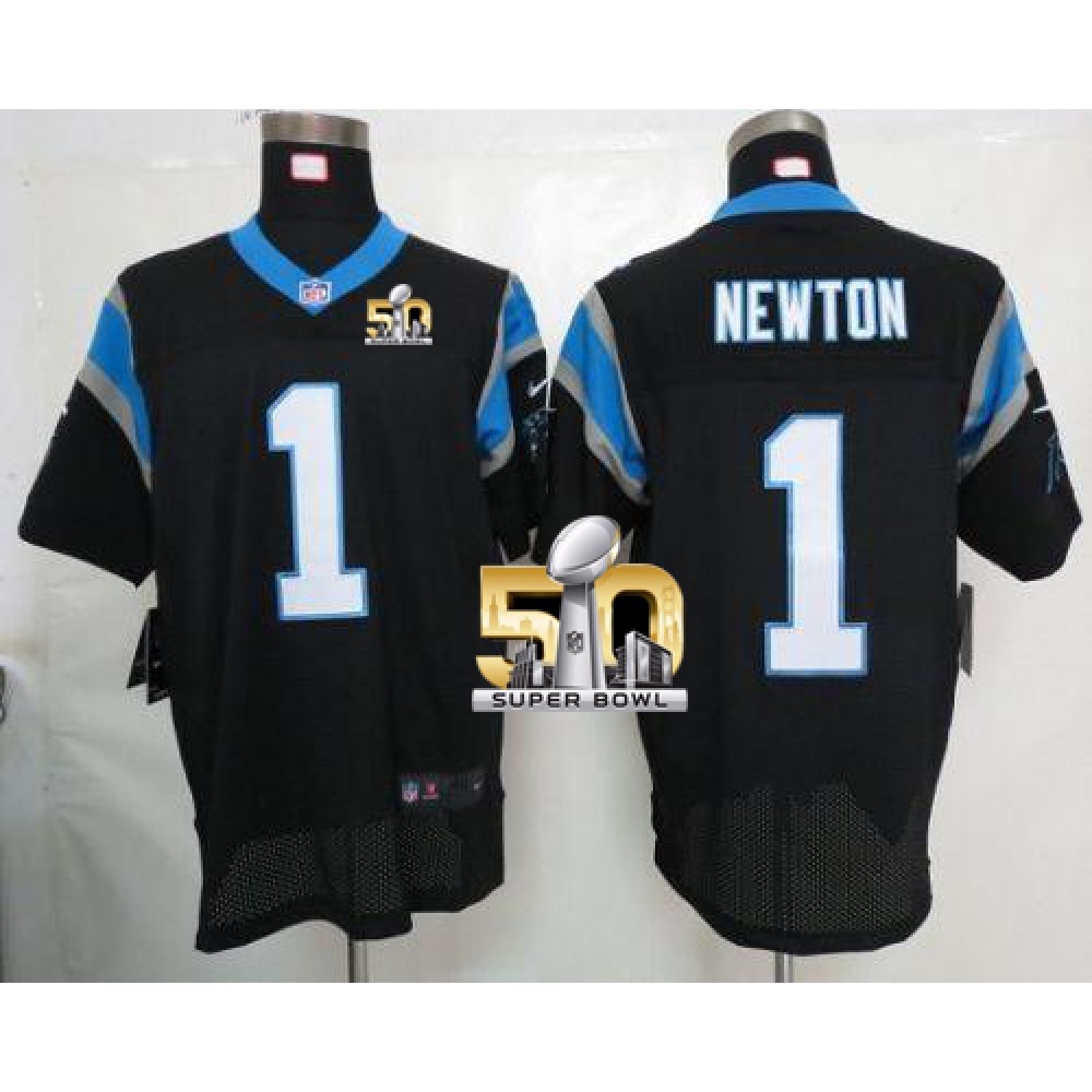 Panthers #1 Cam Newton Black Team Color Super Bowl 50 Men's Stitched NFL Elite Jersey