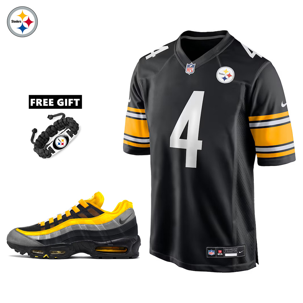 🔥Combo Sale - Pittsburgh Steelers DK Metcalf Nike Black Game Jersey & Air Max 95 Team Color Sneakers