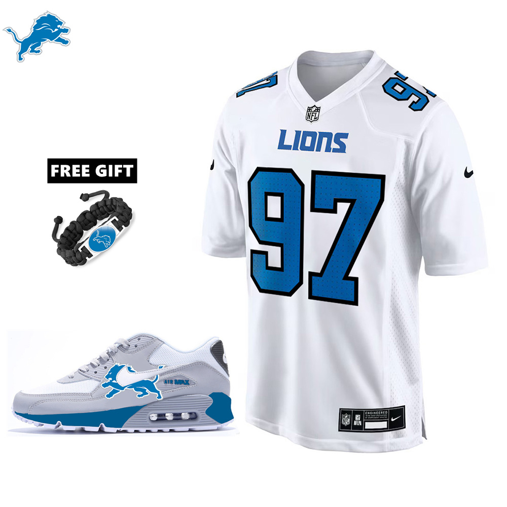 🔥Combo Sale - Detroit Lions Aidan Hutchinson Nike White Tundra Fashion Game Jersey & Air Max 90 Classic Sneakers