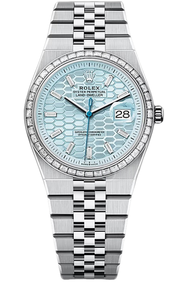 Close-up of Rolex Land-Dweller 36mm Ref. 127286TBR-0001 Super Clone watch showcasing blue dial and diamond bezel