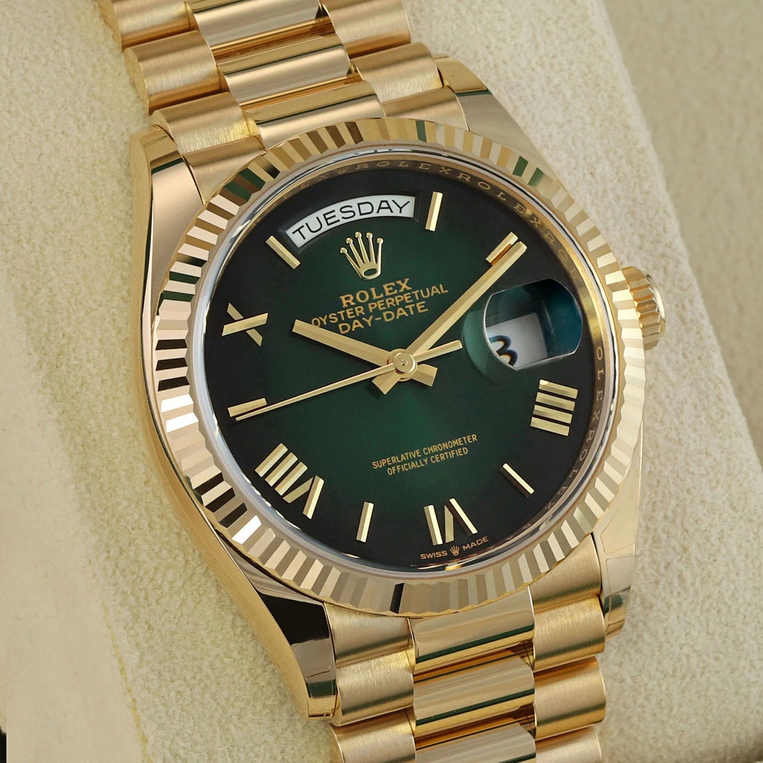 Rolex Day-Date Super Clone Swiss Replica Watch Ref M228238-0069 Olive Green Dial 3255 Swiss Movement