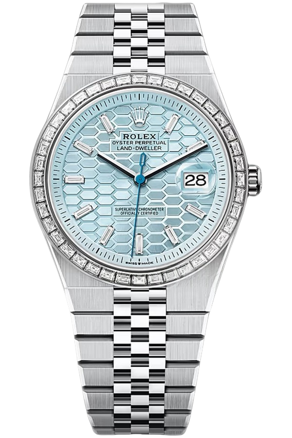 Side angle showing detailed craftsmanship of diamond bezel and 904L Oyster steel case on Rolex Land-Dweller 40mm super clone