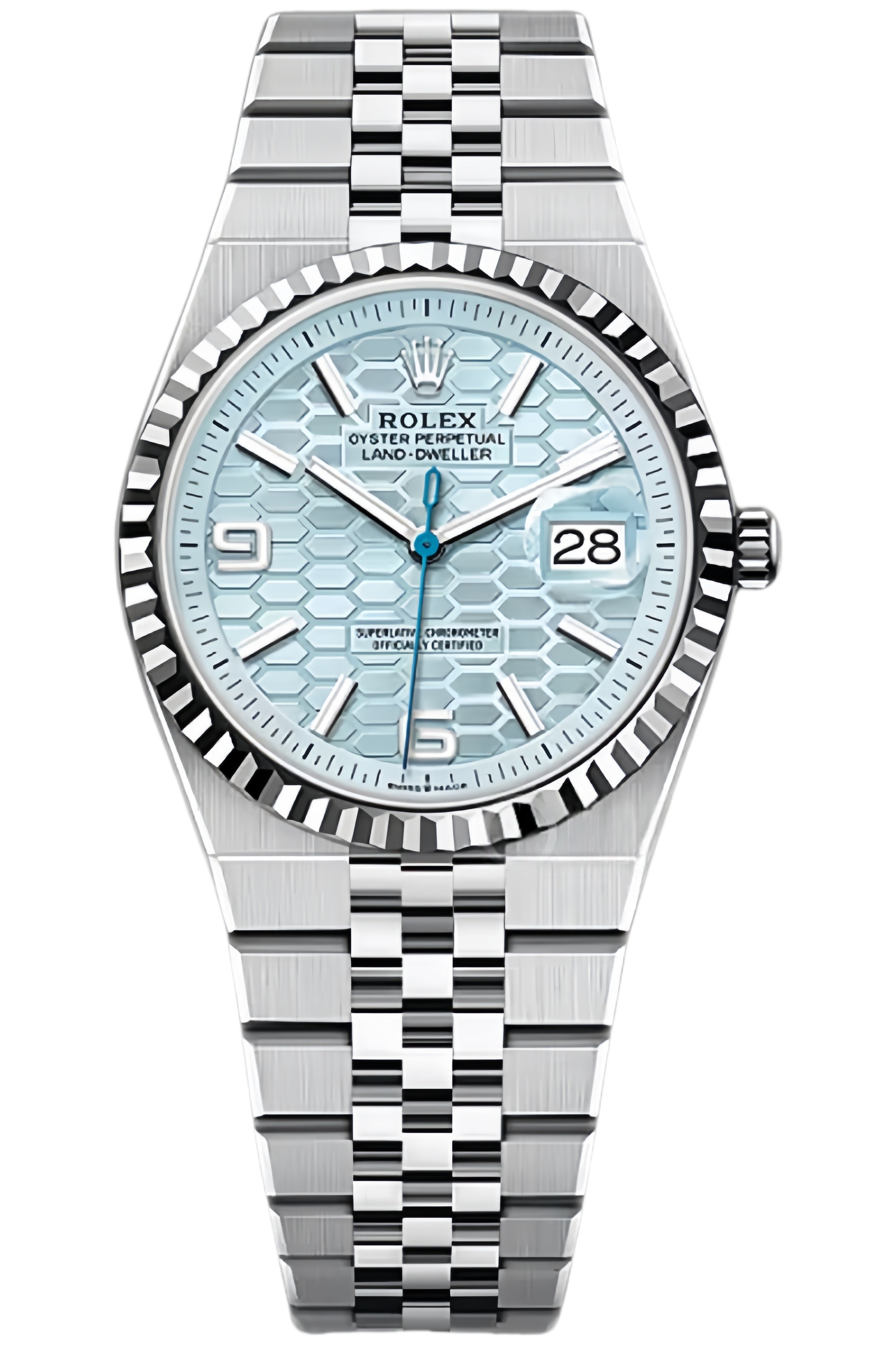 Close-up of Rolex Land-Dweller 36mm Ref. 127236-0001 Super Clone watch with blue dial and oyster steel case