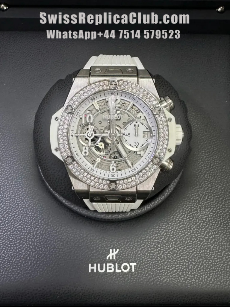 Front view of Hublot Big Bang Unico white ceramic diamond bezel super clone watch