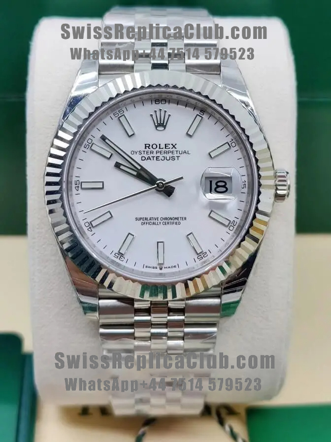 Front view of Rolex Datejust M126334 silver dial super clone Swiss replica watch