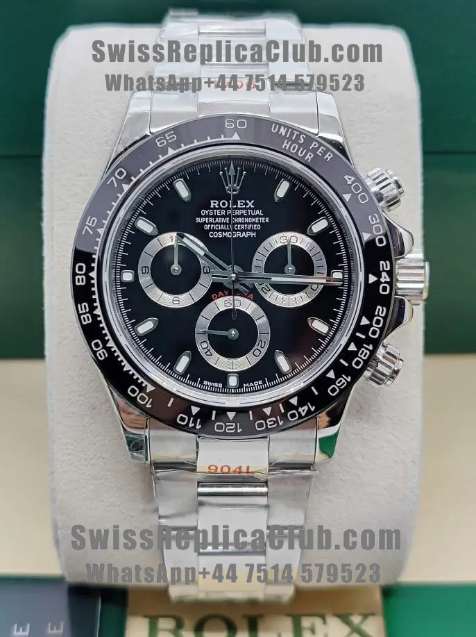 Front view of Rolex Daytona 126529LN black dial super clone Swiss replica watch