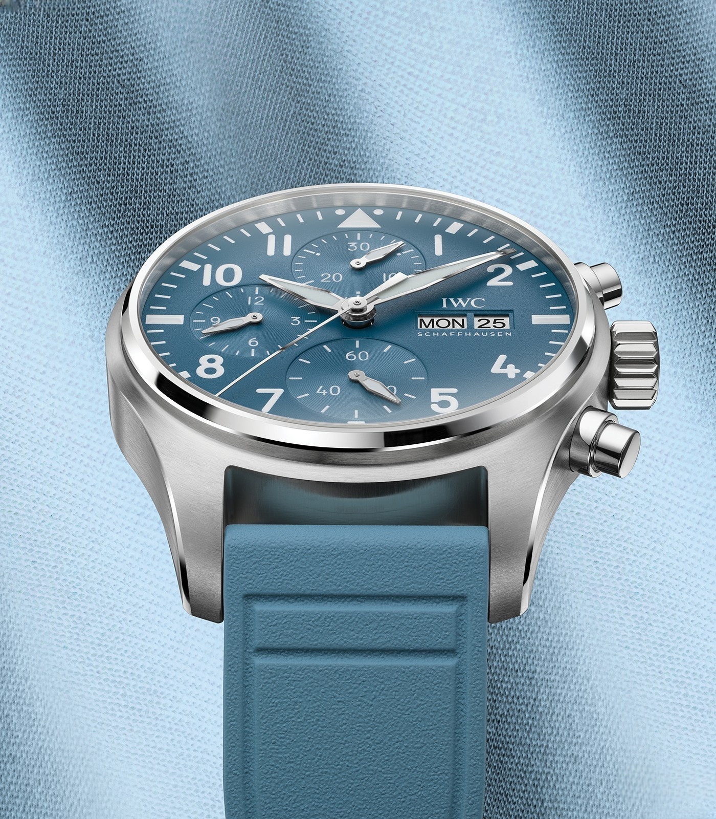 Close-up view of IWC Top Gun Miramar IW389409 super clone watch showing blue dial and ceramic case