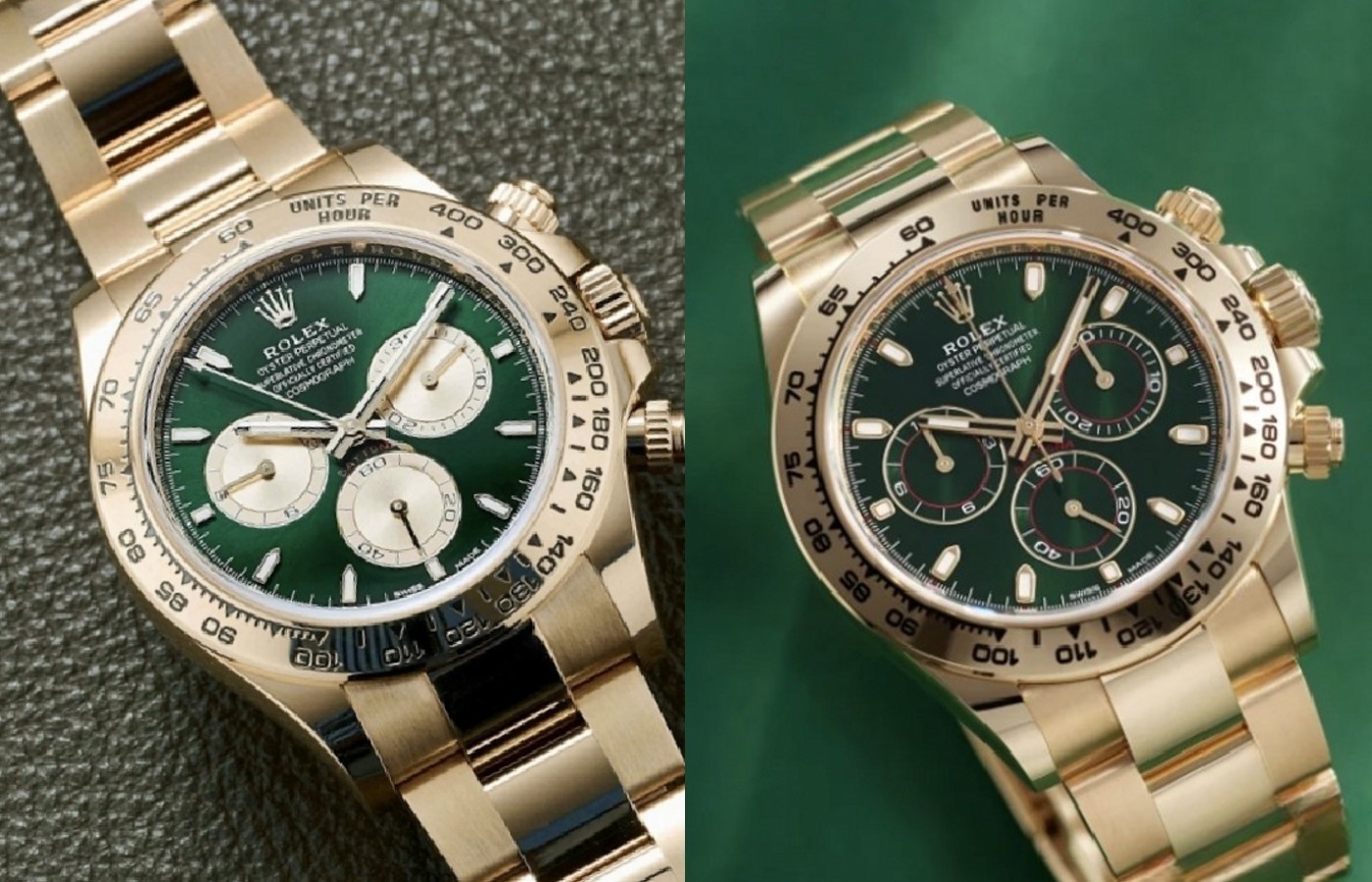 Green Gold Rolex Daytona super clone 2025 model side-by-side with previous version