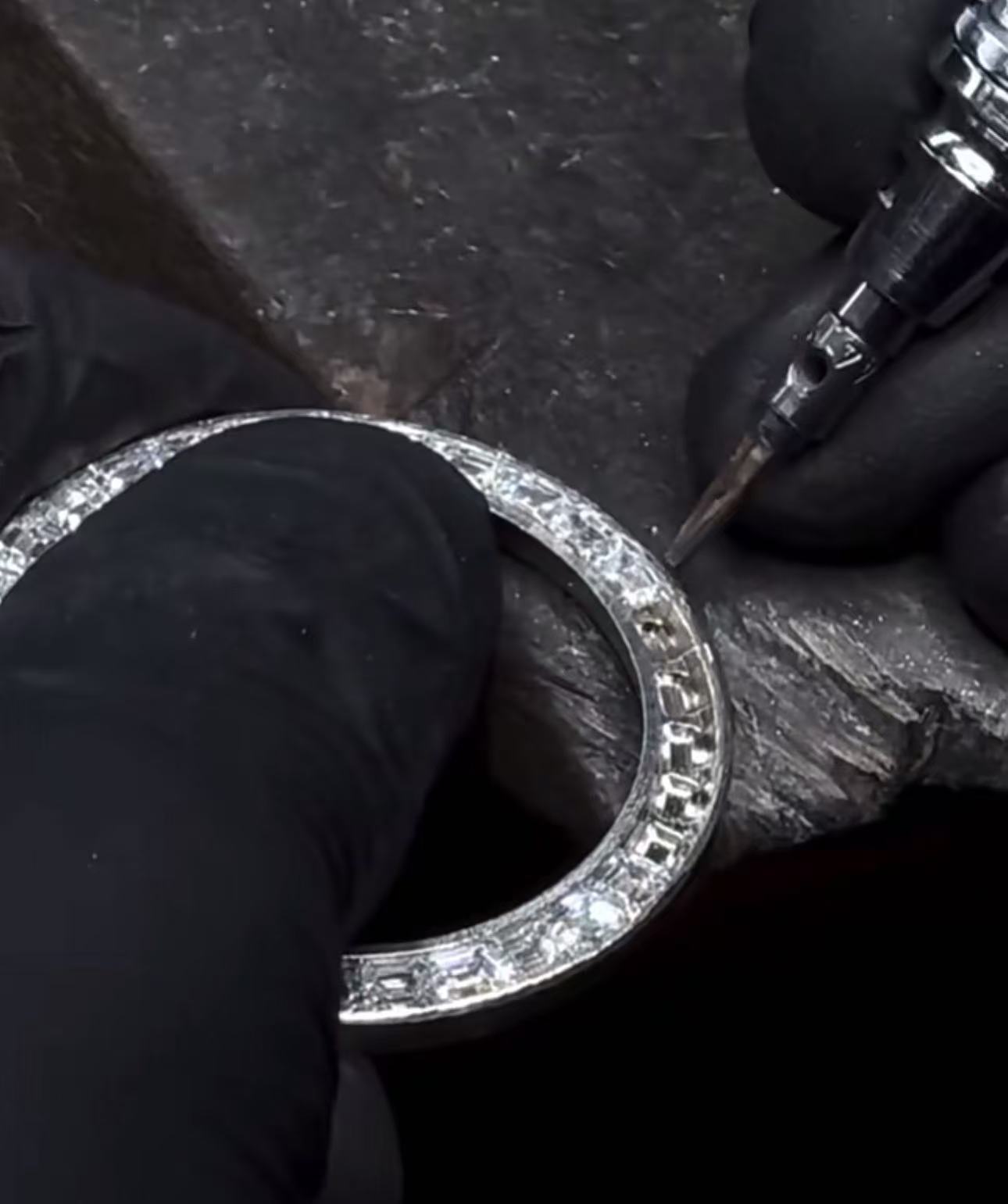 Close-up of moissanite diamond settings on bezel and markers of Super Clone Rolex