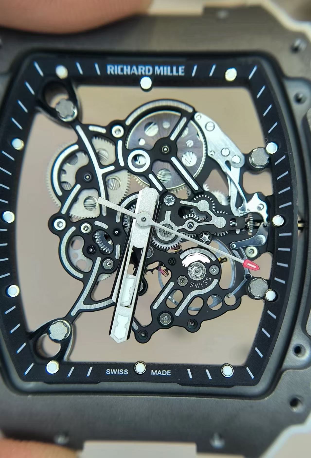 Close-up view of Richard Mille super clone skeleton movement showcasing intricate mechanical detailing and replica craftsmanship