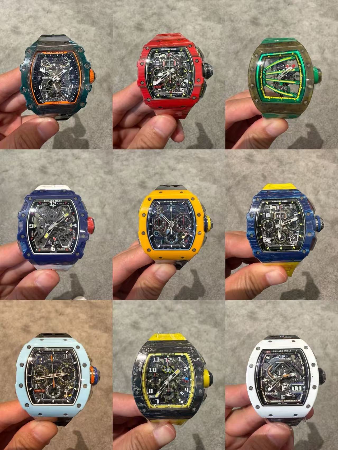 Flat lay of multiple Super Clone Richard Mille watches showcasing various models, case materials, and dial designs for collectors and enthusiasts