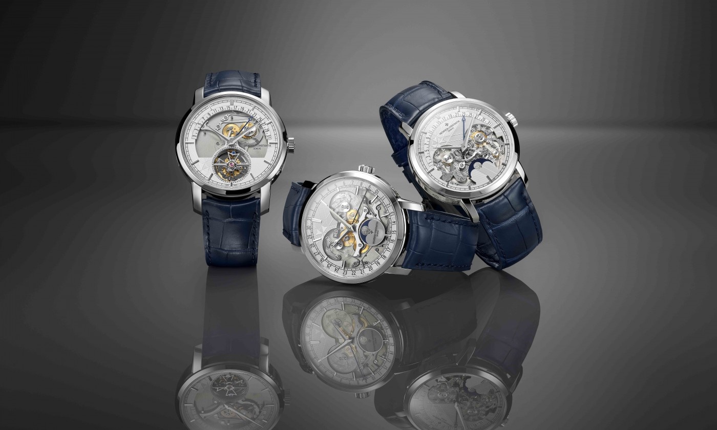 Three Vacheron Constantin Traditionnelle Skeleton Super Clone watches from the 2025 limited edition collection displayed side by side, showcasing Swiss replica craftsmanship and intricate skeleton design