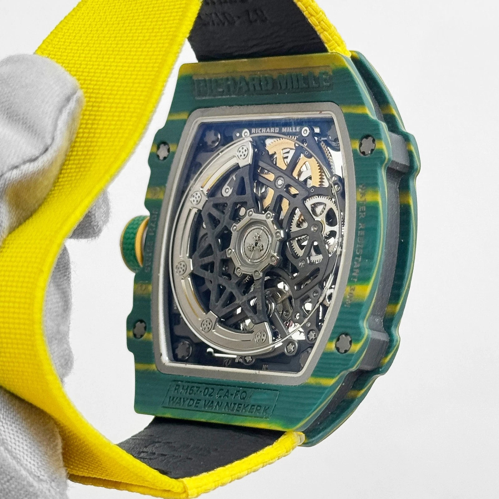 Caseback view of Richard Mille RM 67-02 Quartz TPT super clone revealing skeletonized Swiss movement